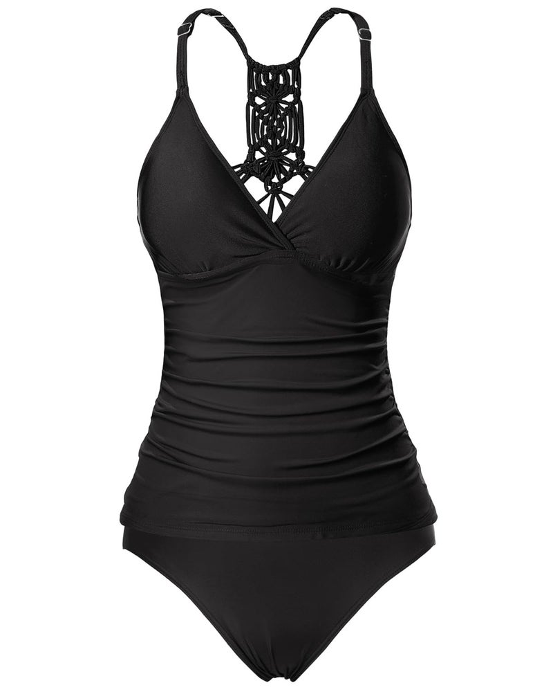 Holipick Women Solid Black Tummy Control Two Piece Tankini Set Swimsuit V Neck Tankini Top Bathing Suits with Bikini Bottom XL(US 16) - Image 1